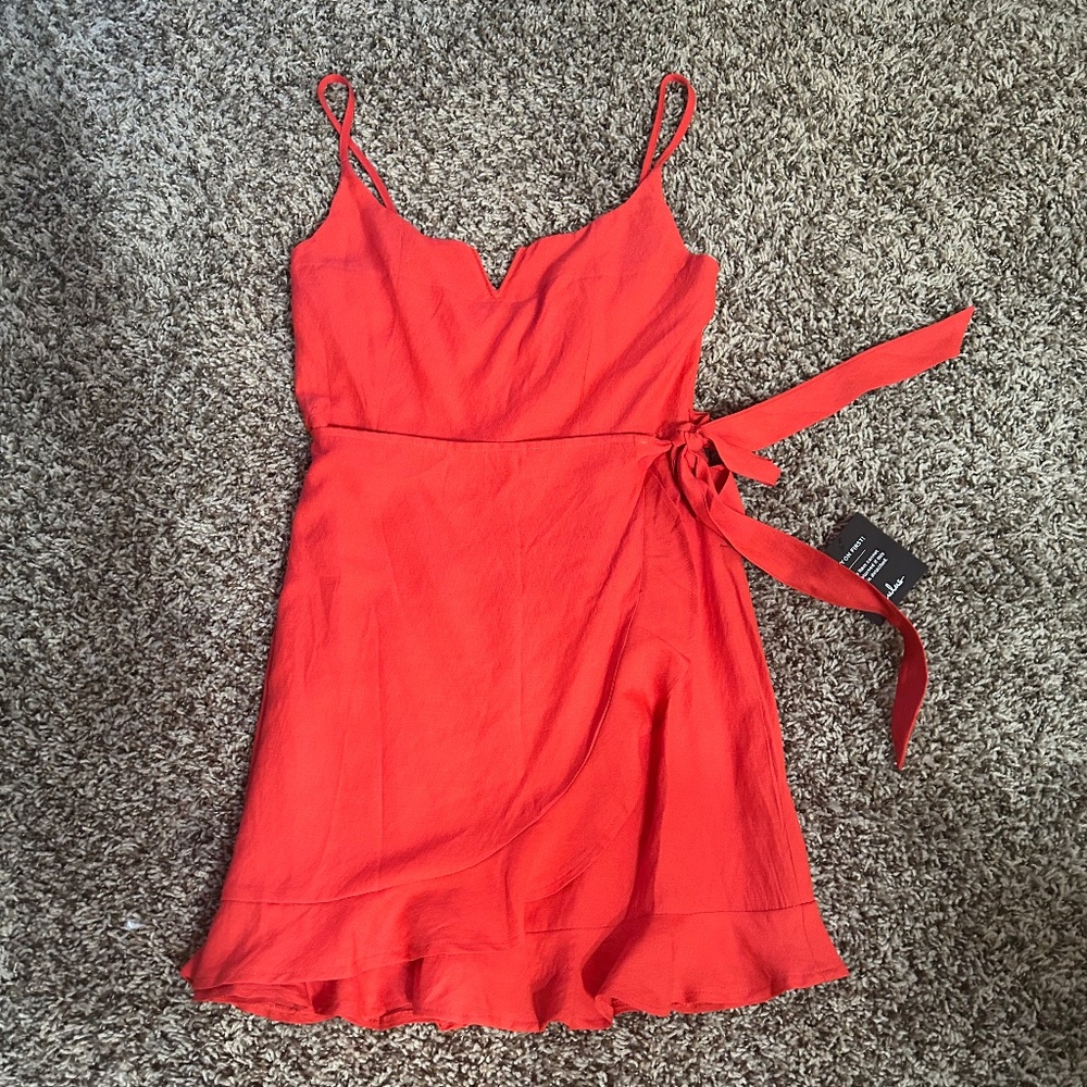 Sunny Oasis Coral Ruffled Faux-Wrap Mini Dress